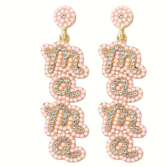 Mama pink seed beads and clear rhinestones drop earrings baby girl baby shower - Picture 1 of 3